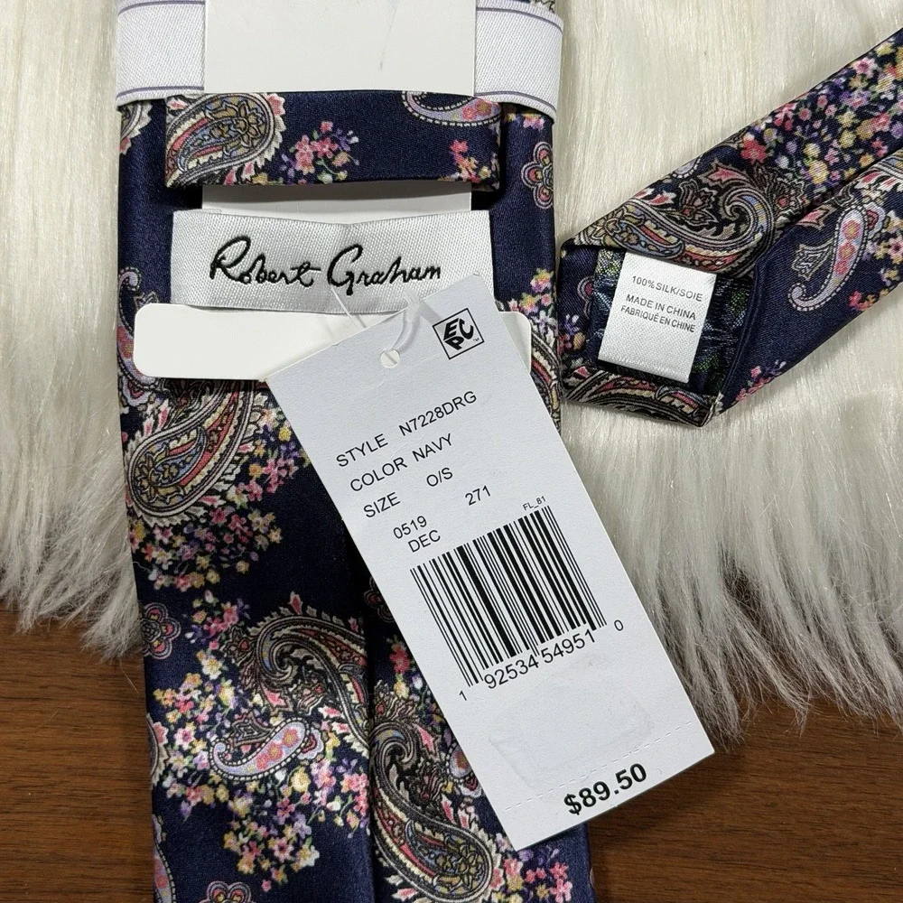 Robert Graham Men's Blue Multicolor Paisley & Floral  100% Silk Necktie Tie